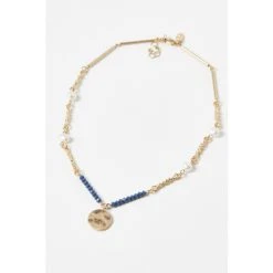 Oliver Bonas Blue Romina Beads And Pearls With Textured Disc Pendant Necklace