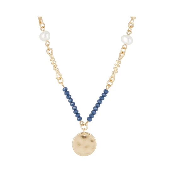 Oliver Bonas Blue Romina Beads And Pearls With Textured Disc Pendant Necklace 4 Oliver Bonas Blue Romina Beads And Pearls With Textured Disc Pendant Necklace - Image 2