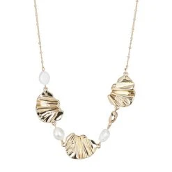 Oliver Bonas Natural Indie Pearl & Textured Metal Shape Short Necklace