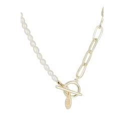 Oliver Bonas Womens White Odina Half Chain & Pearl Fob Clasp Gold Plated Brass Collar Necklace