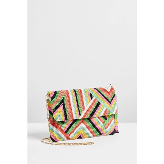 Oliver Bonas Pink Robbie Rainbow Beaded Cotton Clutch Bag 3 Oliver Bonas Pink Robbie Rainbow Beaded Cotton Clutch Bag
