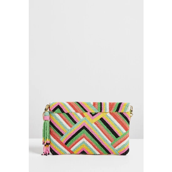 Oliver Bonas Pink Robbie Rainbow Beaded Cotton Clutch Bag 4 Oliver Bonas Pink Robbie Rainbow Beaded Cotton Clutch Bag - Image 2