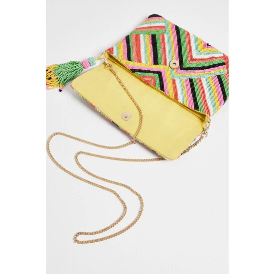 Oliver Bonas Pink Robbie Rainbow Beaded Cotton Clutch Bag 6 Oliver Bonas Pink Robbie Rainbow Beaded Cotton Clutch Bag - Image 4