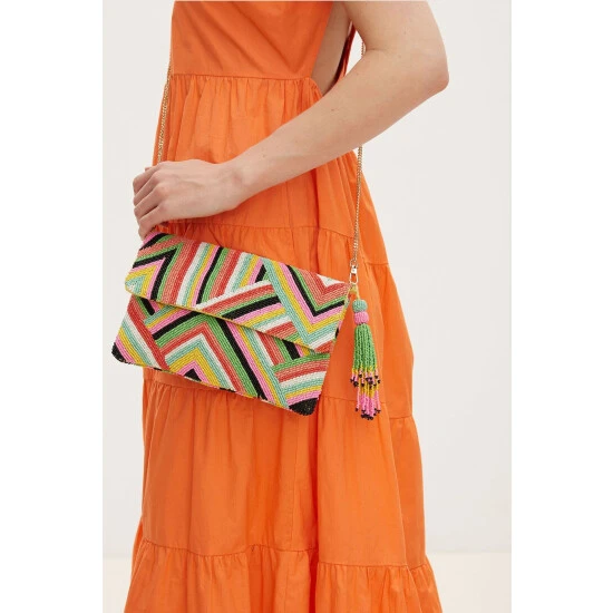 Oliver Bonas Pink Robbie Rainbow Beaded Cotton Clutch Bag 10 Oliver Bonas Pink Robbie Rainbow Beaded Cotton Clutch Bag - Image 8