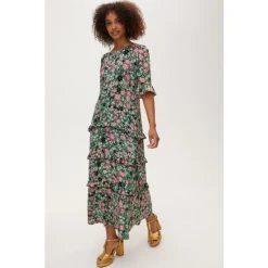 Oliver Bonas Green Daisy Print Tiered Midi Dress
