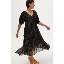 Oliver Bonas Black Metallic Polka Dot Puff Sleeve Black Midi Dress