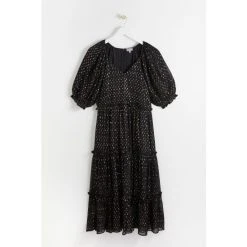 Oliver Bonas Black Metallic Polka Dot Puff Sleeve Black Midi Dress -Oliver Bonas Shop unnamed file 2374