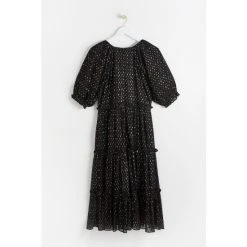 Oliver Bonas Black Metallic Polka Dot Puff Sleeve Black Midi Dress -Oliver Bonas Shop unnamed file 2375