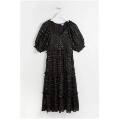 Oliver Bonas Black Metallic Polka Dot Puff Sleeve Black Midi Dress -Oliver Bonas Shop unnamed file 2380