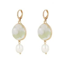 Oliver Bonas Natural Sadie Disc And Pearl Drop Huggie Hoop Earrings