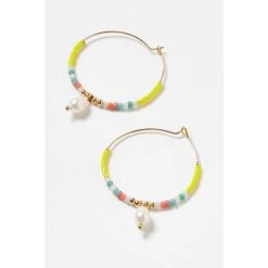 Oliver Bonas Yellow Skyla Seed Bead And Pearl Drop Hoop Earrings