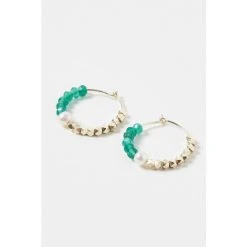Oliver Bonas Green Geila Beaded Wire Pearl Gold Plated Hoop Earrings
